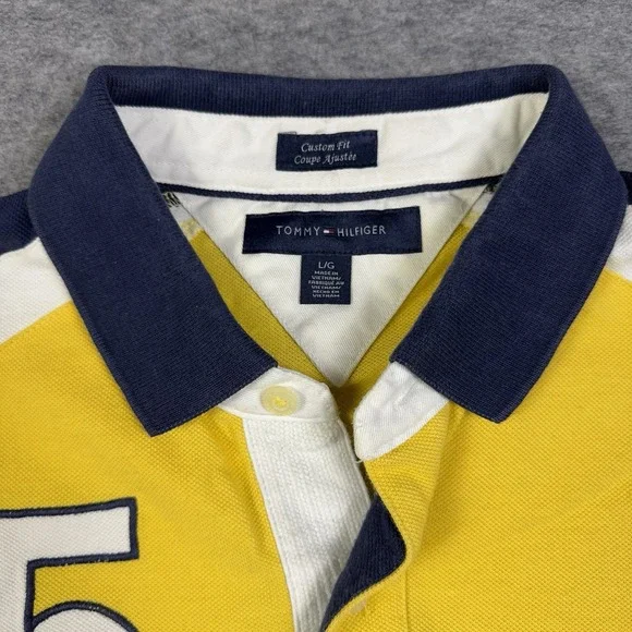 Tommy Hilfiger Rugby Shirt Navy Blue Yellow Iconic Classic Striped Rap 5 Custom - Picture 3 of 13